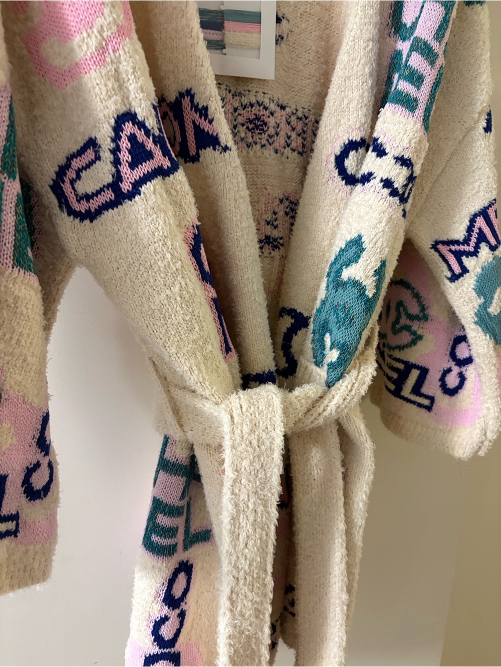 CHANEL Cream Bouclé Logo-Print Robe Jacket with Pink & Blue Accents - Picture 3 of 5